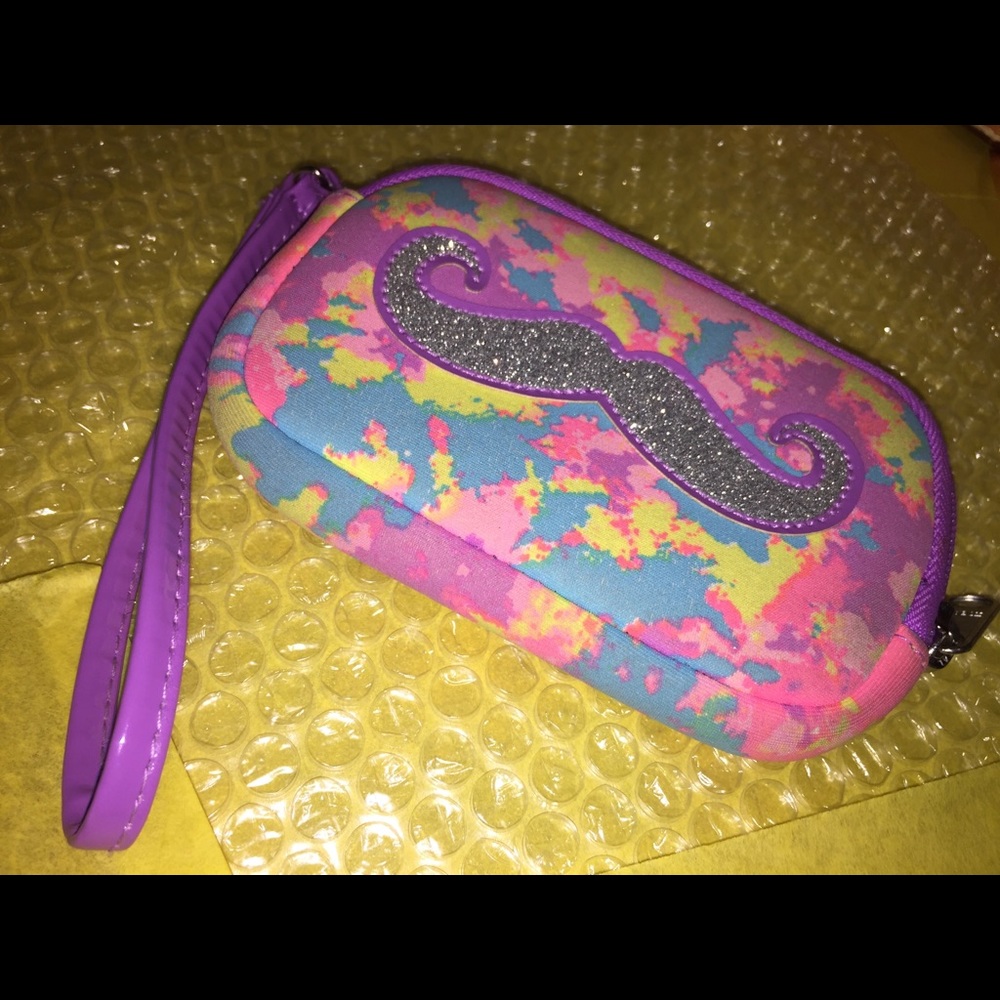 Justice Pastel Splatter Glitter Mustache Wristlet